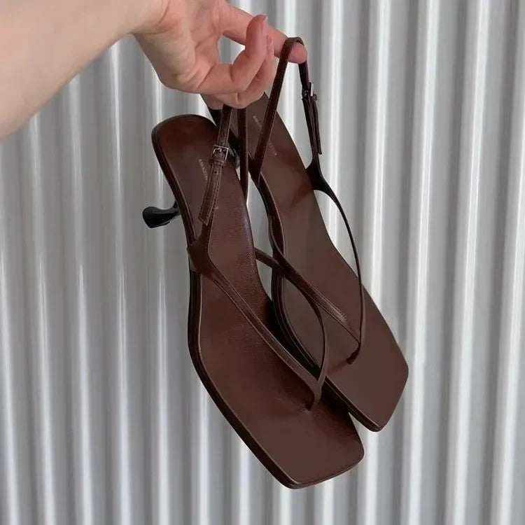 Women's Square Toe Kitten Heel Sandals – Retro French Style Kitten Heel Sandals Axl 42 Brown