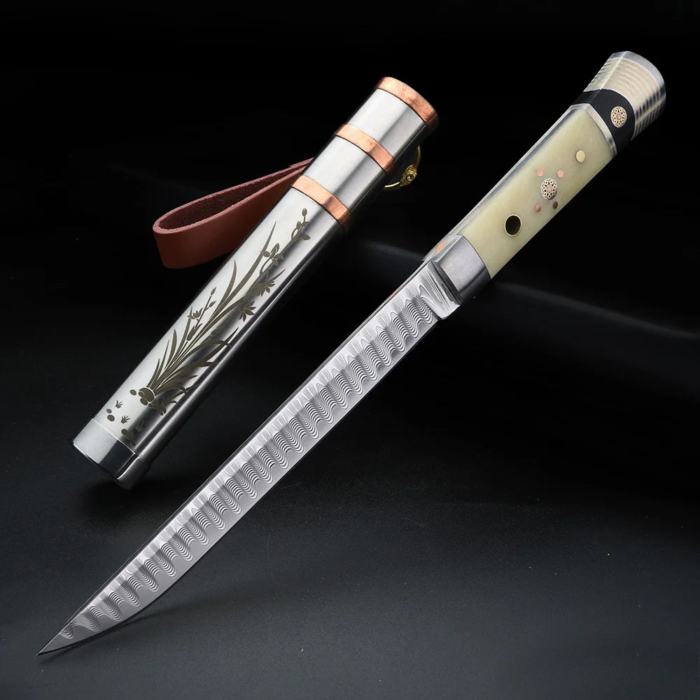 XUAN FENG Damascus Steel Fruit Knife – Wooden Handle & Sheath Damascus Kitchen Knife Axl