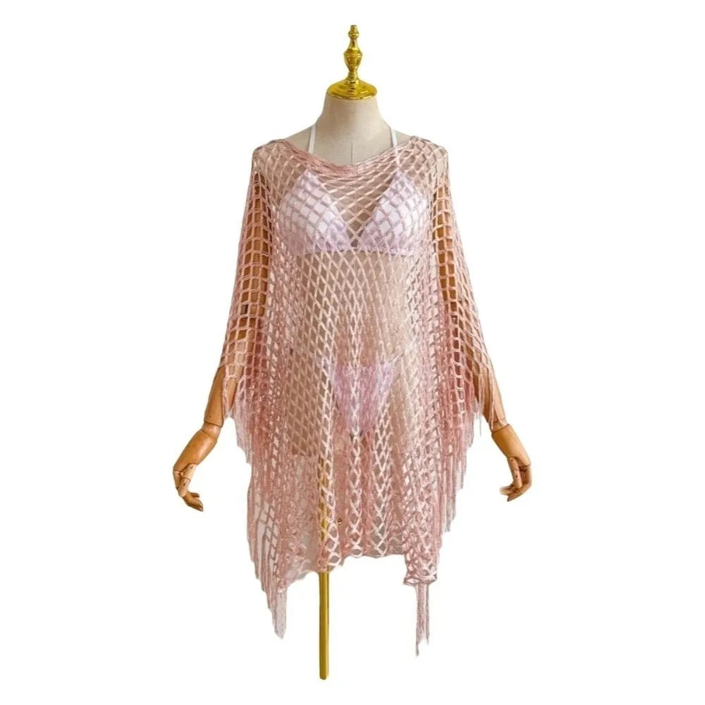Boho Crochet Fishnet Swimsuit Cover-Up Tassel Shawl Swimsuit Cover-Up Axl Pink One Size