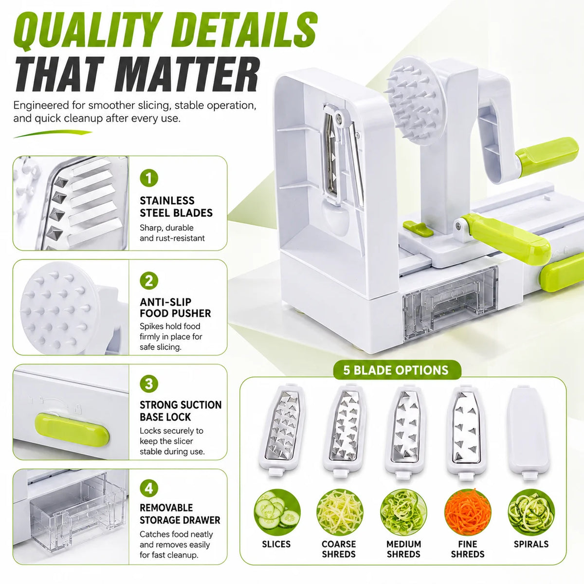 5-in-1 Hand Crank Vegetable Spiralizer – 5 Blade Noodle Maker Vegetable Spiralizer Axl