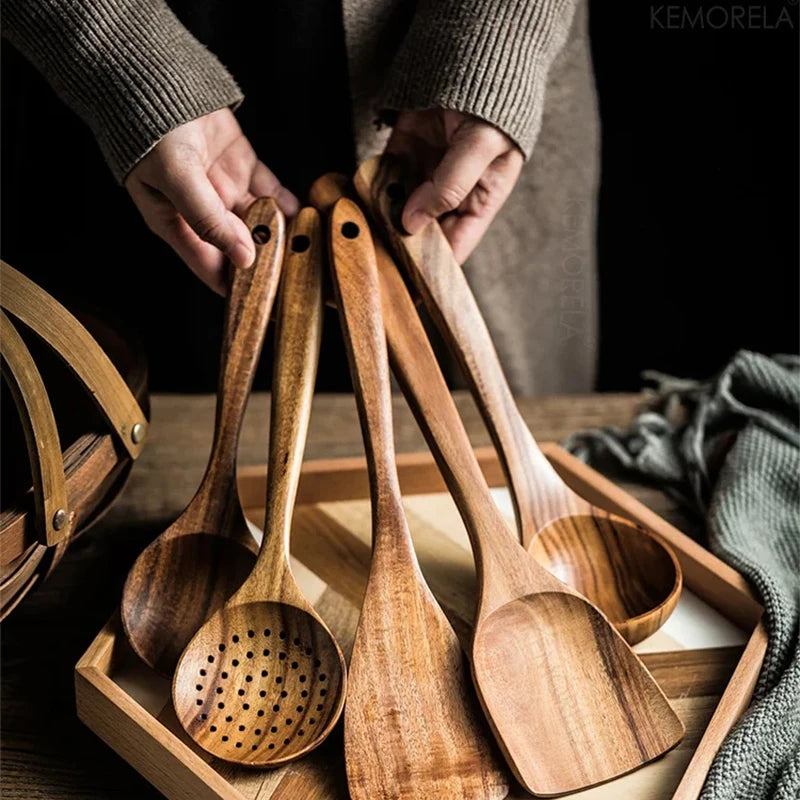 Teak Wood Kitchen Utensil Set – Spoon, Ladle, Turner & Skimmer Wood Cooking Utensil Set Axl