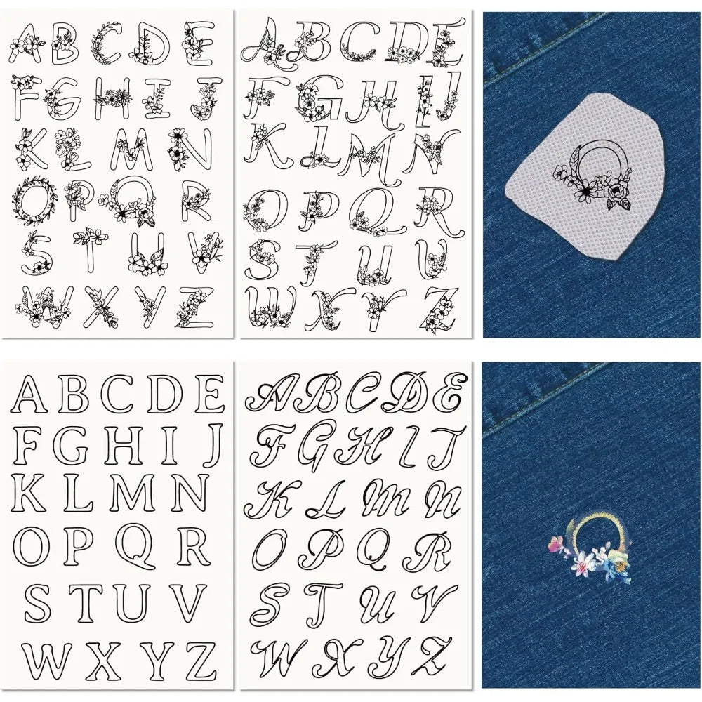 A–Z Stick & Stitch Embroidery Patterns – 4 Sheets 104 Pcs Embroidery Transfer Sheets Axl