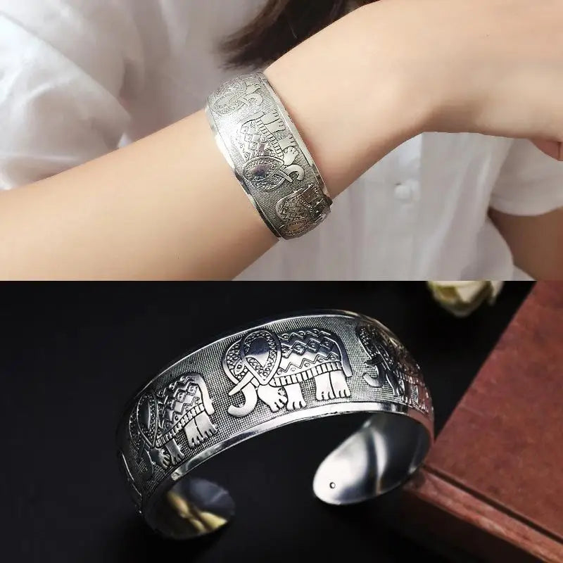 Bohemian Silver Wide Cuff Bracelet – Carved Flower Boho Jewelry Cuff Bracelet Axl