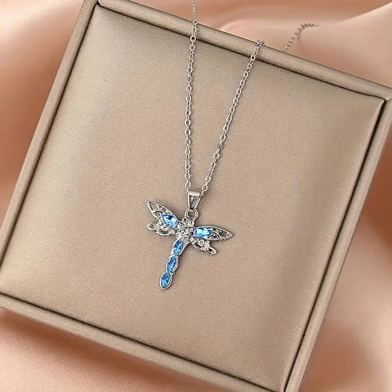 Huitan Blue CZ Dragonfly Pendant Necklace for Women Pendant Necklace Axl
