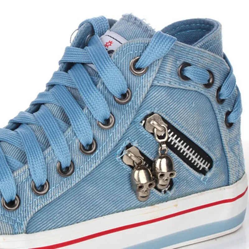 Women's High Top Denim Canvas Sneakers – Lace-Up Flat Shoes High Top Sneakers Axl