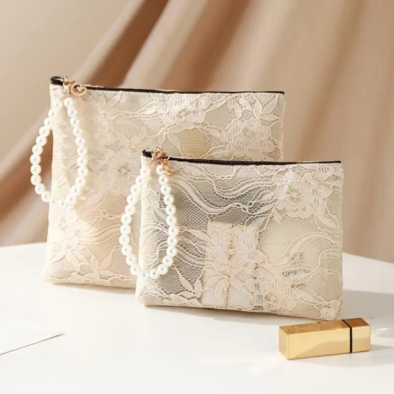 Lace Makeup Bag with Pearl Wrist Strap | Travel Cosmetic Pouch Cosmetic Bag Axl