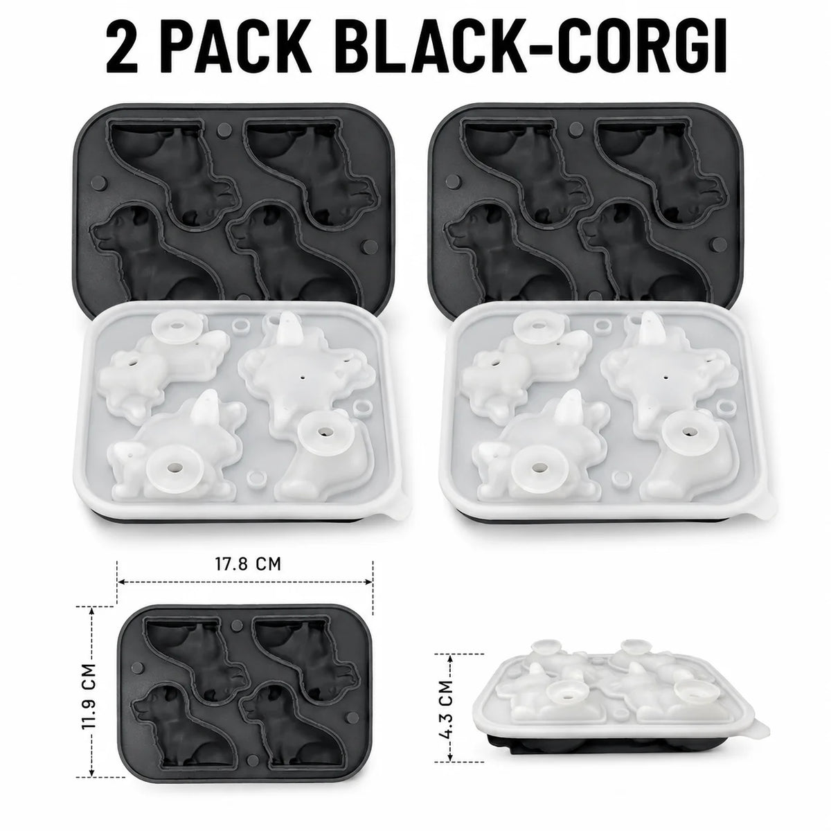 3D Corgi Dog Silicone Ice Cube Tray | Large Novelty Ice Mold Silicone Ice Mold Axl 2 PACK Black-Corgi