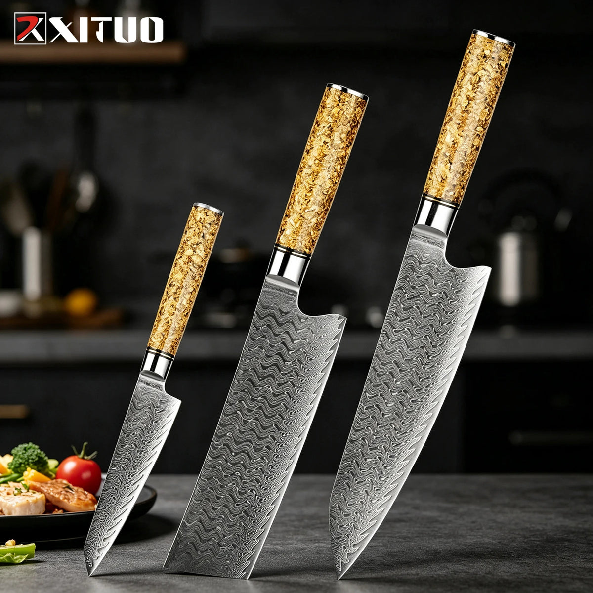XITUO Damascus Steel Knife Set 1–5 PCS | Chef & Kitchen Knives Damascus Knife Set Axl 3PCS Knife A
