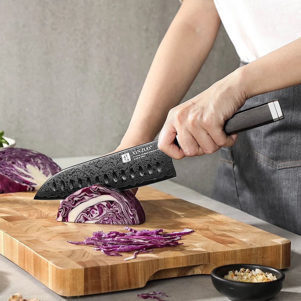 XINZUO 67-Layer Damascus Santoku Knife 7-Inch | Ebony Handle Damascus Santoku Knife Axl