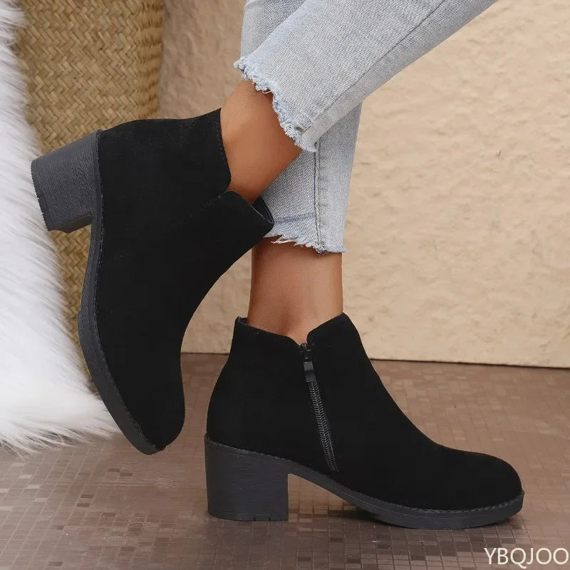 YBQJOO Women's Retro Suede Ankle Boots | Square Heel Zip Women's Ankle Boots Axl