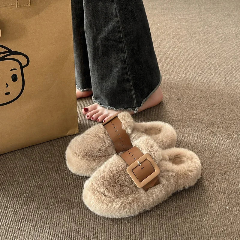 Women's Fluffy Wool Fur Slides – Warm Plush Winter Slippers Fur Mule Slippers Axl