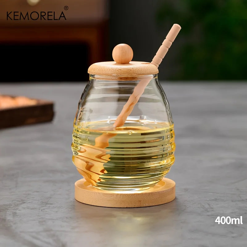 KEMORELA Glass Honeycomb Honey Jar with Dipper & Lid – 400ml Glass Honey Jar Axl 400ML