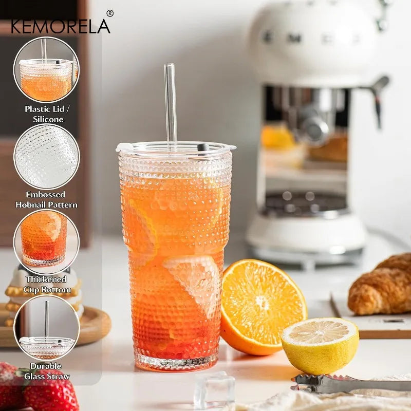 KEMORELA 600ml Hobnail Glass Tumblers with Lids & Straws Glass Tumbler Set Axl