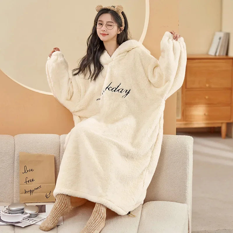 Women's Hooded Coral Velvet Nightgown – Plush Flannel Pajama Dress Hooded Nightgown Axl