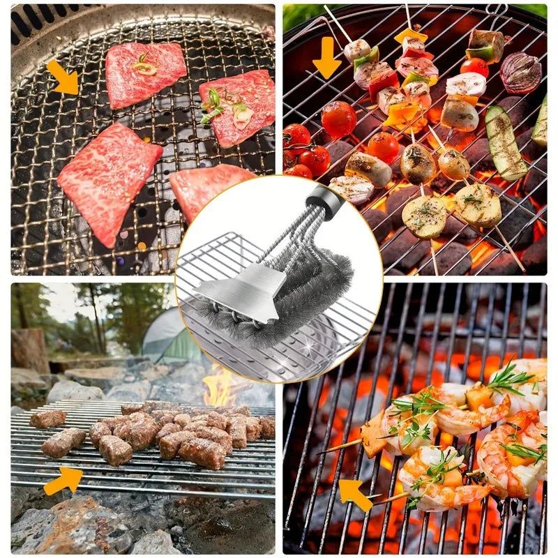 Wire Bristle BBQ Grill Brush & Scraper | Triple Scrubber BBQ Grill Brush Axl