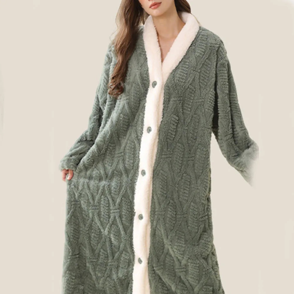 Women's Flannel Robe – Soft V-Neck Button Long Nightgown Women's Flannel Robe Axl