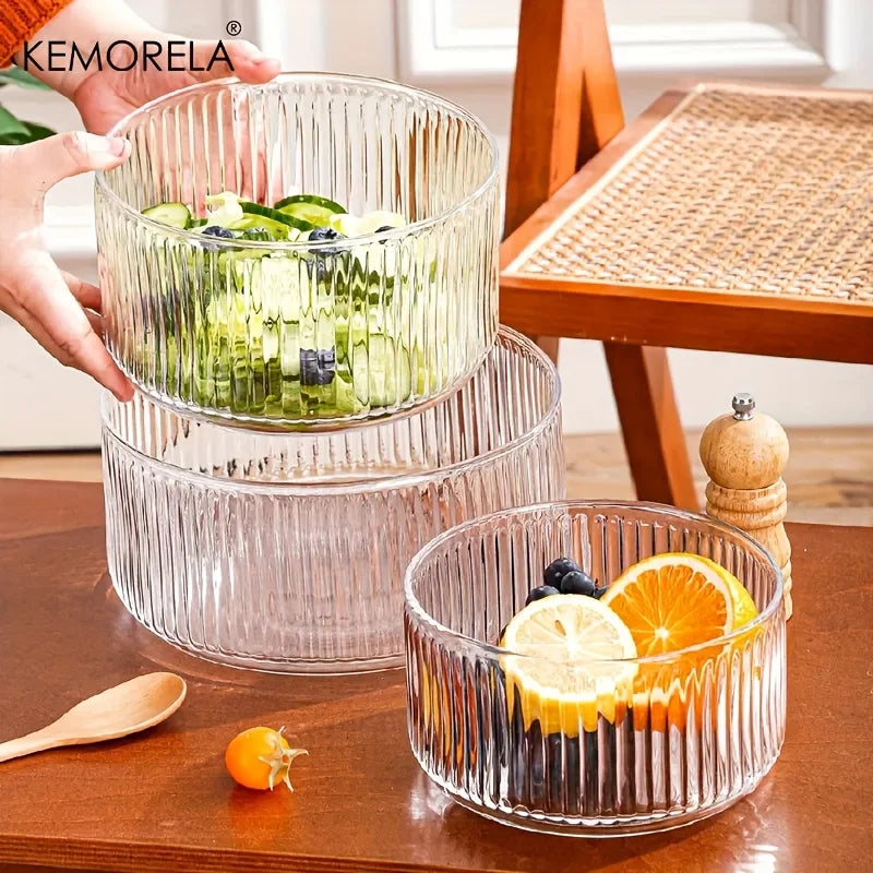 KEMORELA Striped Glass Salad & Fruit Bowl – Serving Dish Glass Serving Bowl Axl