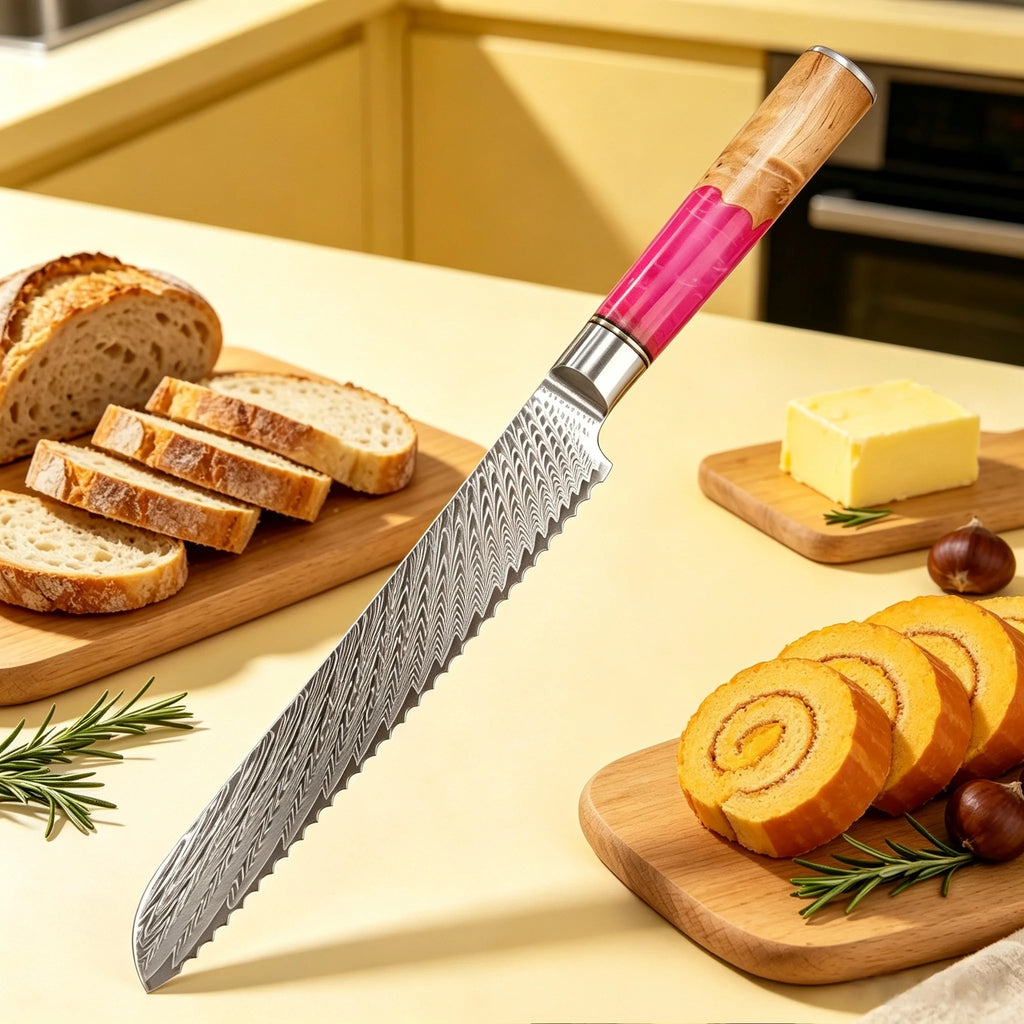 Damascus Steel Serrated Bread Knife – Sharp 19cm Slicing Knife Serrated Bread Knife Axl
