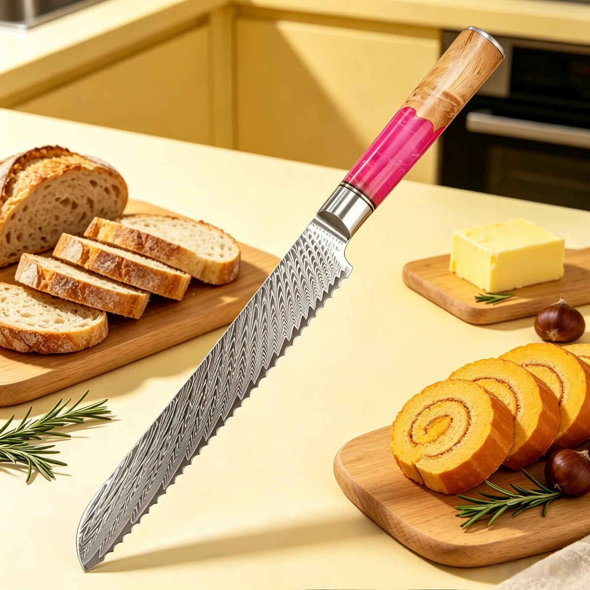 Damascus Steel Serrated Bread Knife – Sharp 19cm Slicing Knife Serrated Bread Knife Axl