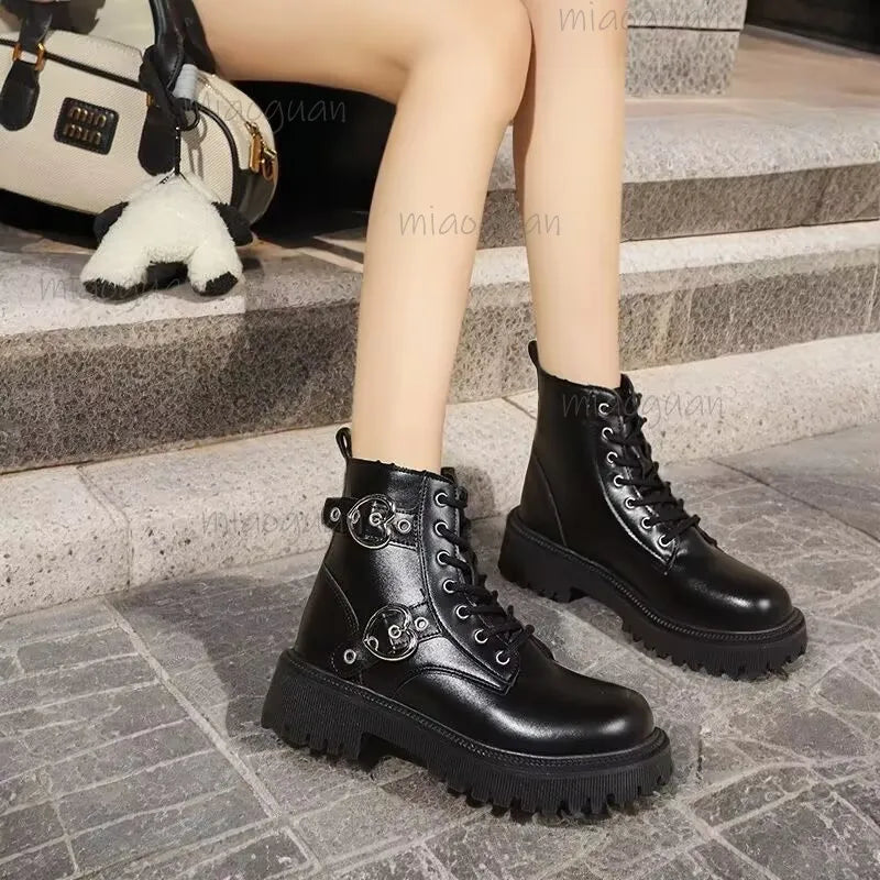 Women's Goth Platform Ankle Boots | Black Round Toe Plus Size Platform Ankle Boots Axl