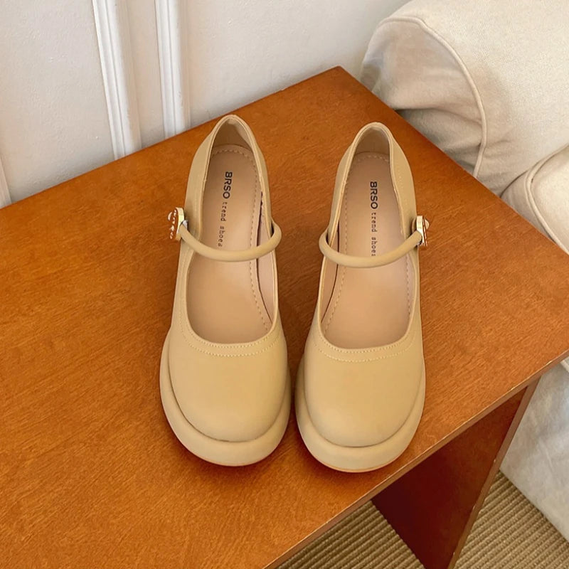 Women's Mary Jane Block Heel Pumps | Buckle Strap Party Shoes Mary Jane Pumps Axl Milk tea color 41