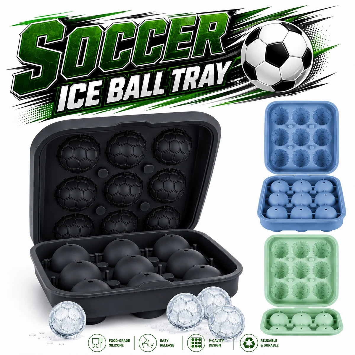 3D Soccer Ball Silicone Ice Mold – 9-Cavity Football Sphere Tray Silicone Ice Mold Axl