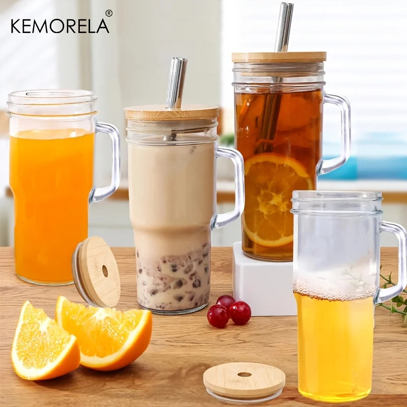 KEMORELA 700ml Glass Cup with Wooden Lid & Straw | Set of 1/2/4 Glass Cup Set Axl