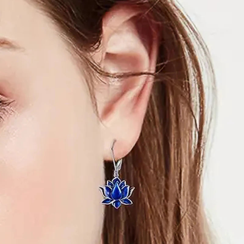 Huitan Blue Lotus Drop Earrings – Silver Tone Fashion Jewelry Drop Earrings Axl