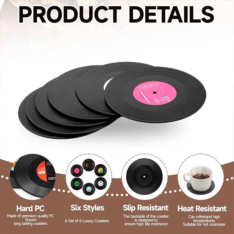 6-Piece Vinyl Record Coasters Set – Retro Non-Slip Drink Coasters Drink Coasters Set Axl