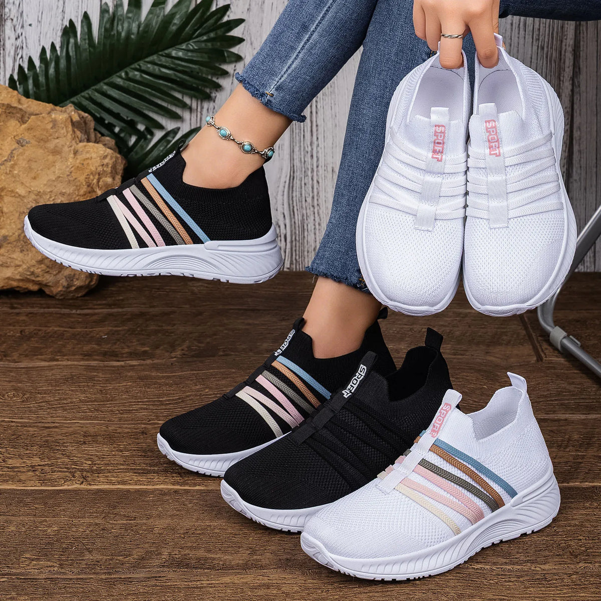 Women's Mesh Knit Striped Slip-On Platform Sneakers Women's Sneakers Axl