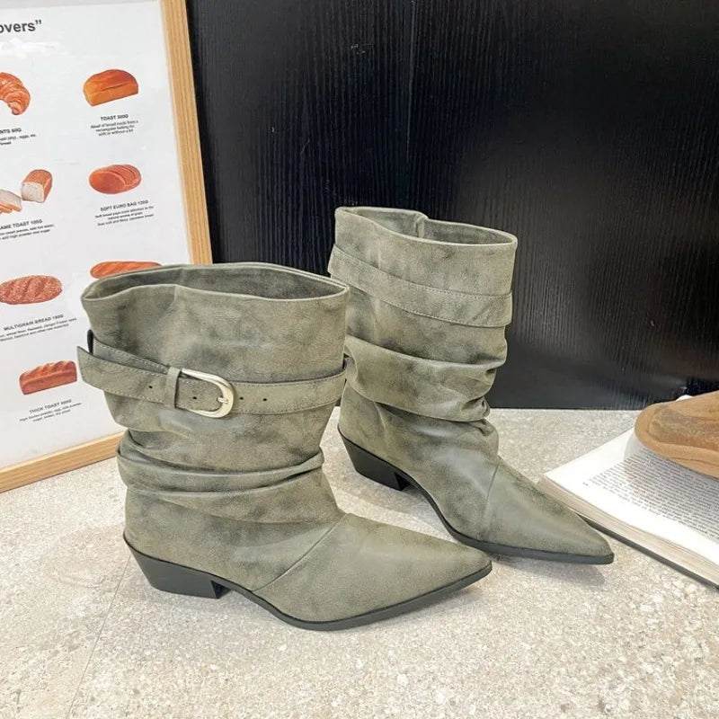 Women's Pointed-Toe Knight Boots – Anti-Slip Belted Heeled Mid-Calf Women's Heeled Boots Axl