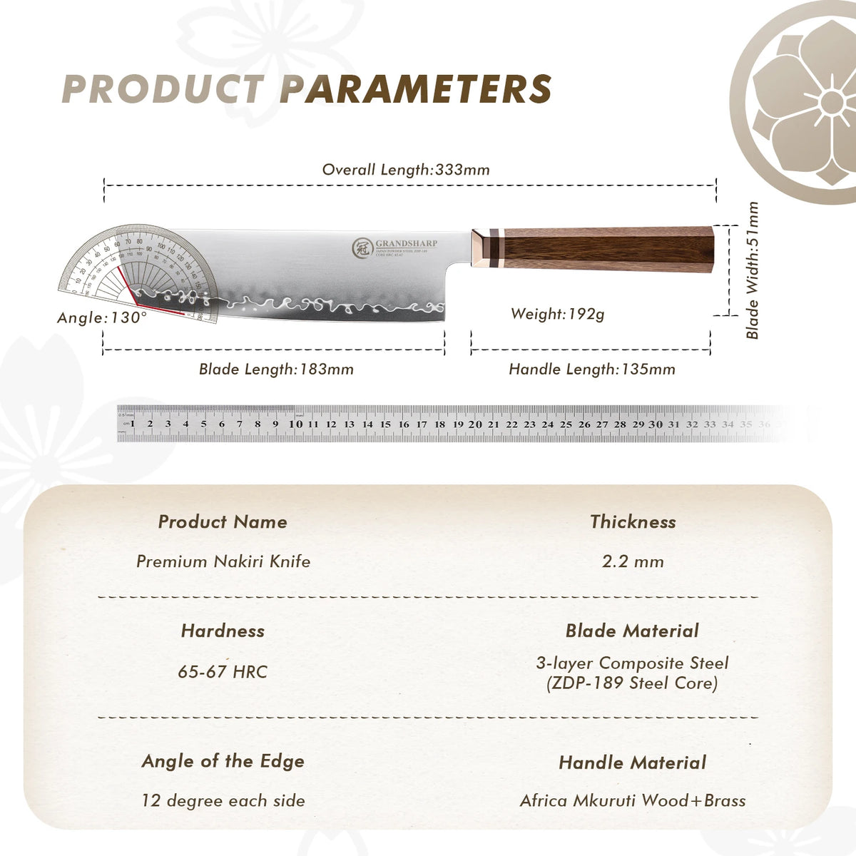 Grandsharp 7.5" Nakiri Knife ZDP-189 Steel | Mkuruti Wood Handle Nakiri Chef Knife Axl