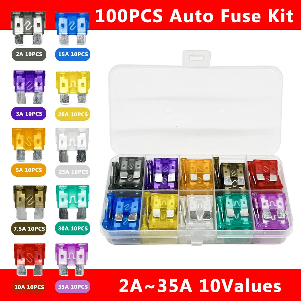 100-Piece Car Blade Fuse Kit 15A–35A with Storage Box | ATC/ATO Automotive Fuse Kit Axl