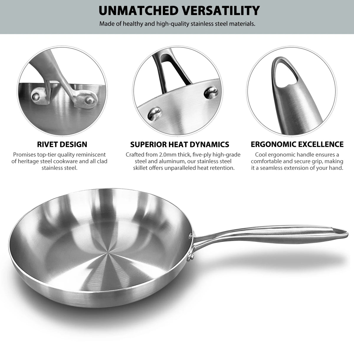 KEMORELA 304 Stainless Steel Uncoated Frying Pan | Gas & Induction Stainless Steel Frying Pan Axl