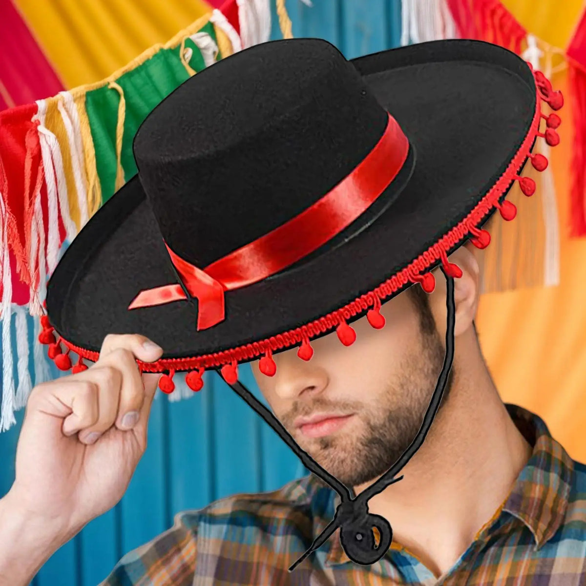 Mexican Sombrero Hat with Pom-Poms | Wide Brim Costume Accessory Costume Hat Axl