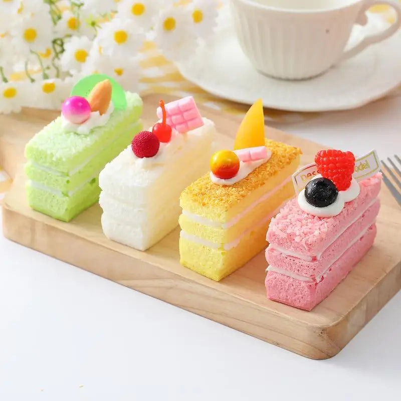 Faux Layered Cake Slices – Realistic PU Fruit Decor Props 4pc Artificial Food Decor Axl