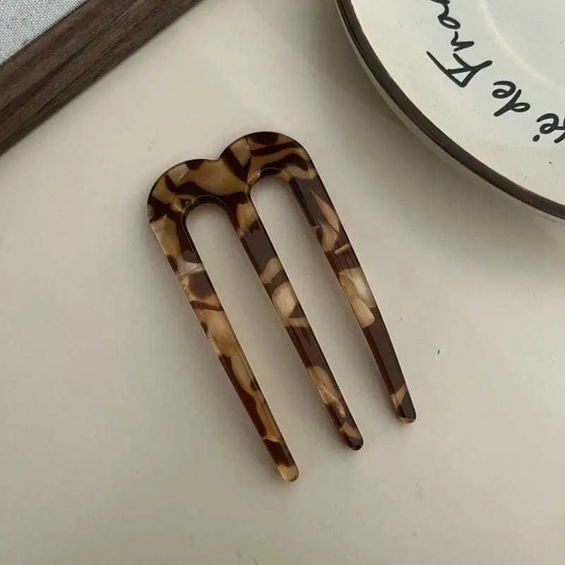 French U-Shaped Hair Fork – 3 Prong Bun Stick for Women Hair Fork Stick Axl Coffee