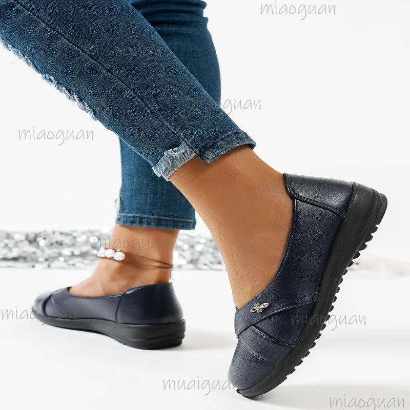 Women's Slip-On PU Leather Loafers – Casual Flat Work Shoes Women's Loafers Axl Dark Blue 36