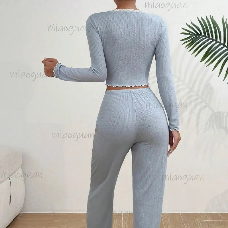 Women's Lace Trim Pajama Set – Long Sleeve Top & Trousers Women's Pajama Set Axl