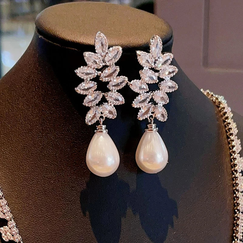 Huitan Pearl & CZ Crystal Dangle Earrings – Bridal Wedding Gift Pearl Drop Earrings Axl