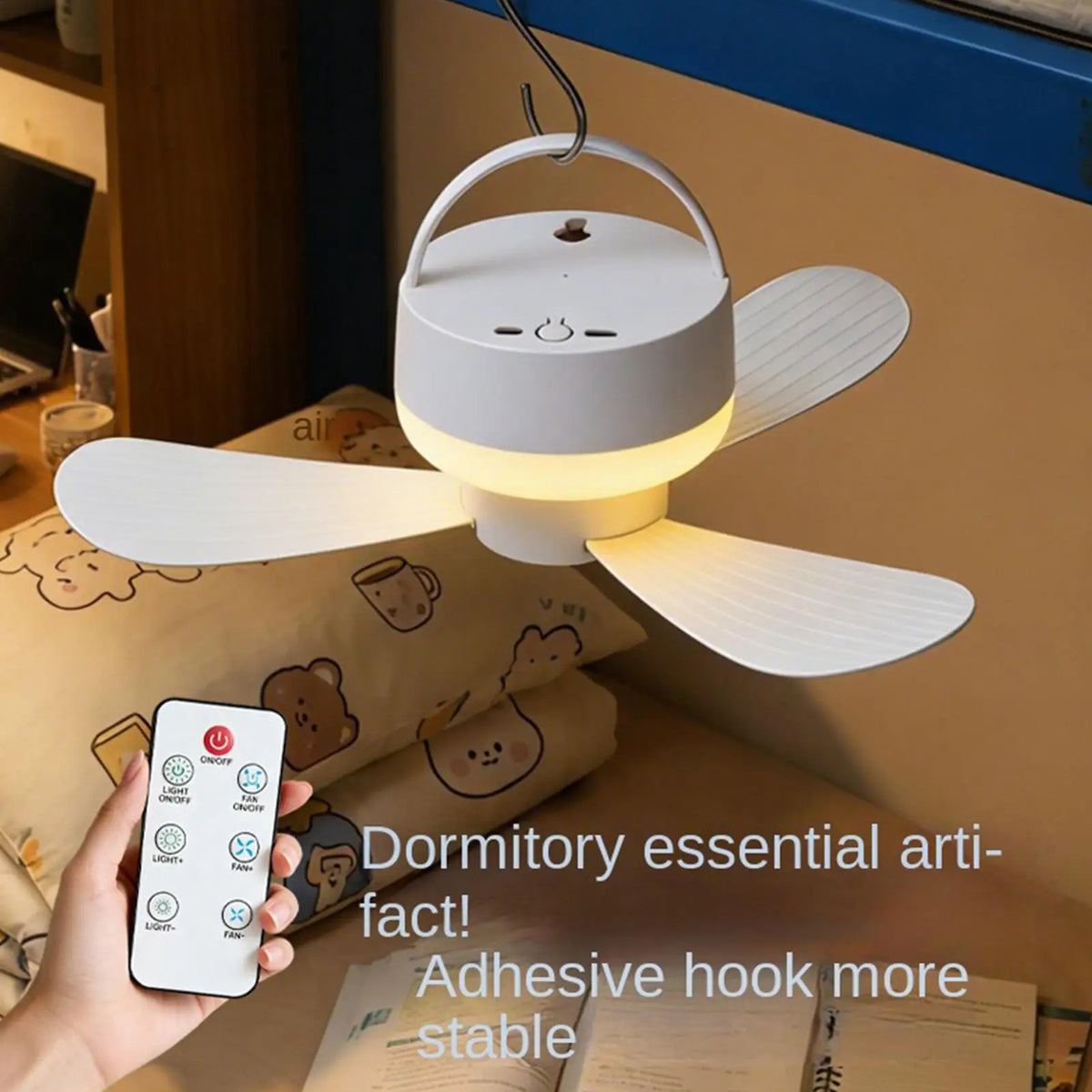 Portable USB Ceiling Fan with Remote, Light & Hook – Camping Portable Ceiling Fan Axl