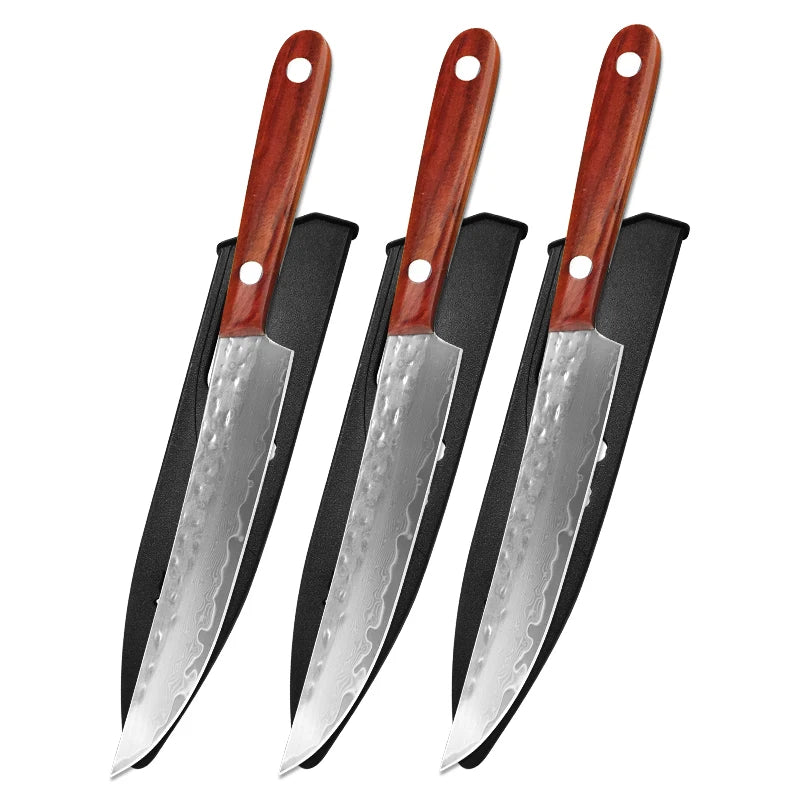 Hand Forged Damascus Steel Chef Knife – Wooden Handle Damascus Chef Knife Axl 3pcs Knife