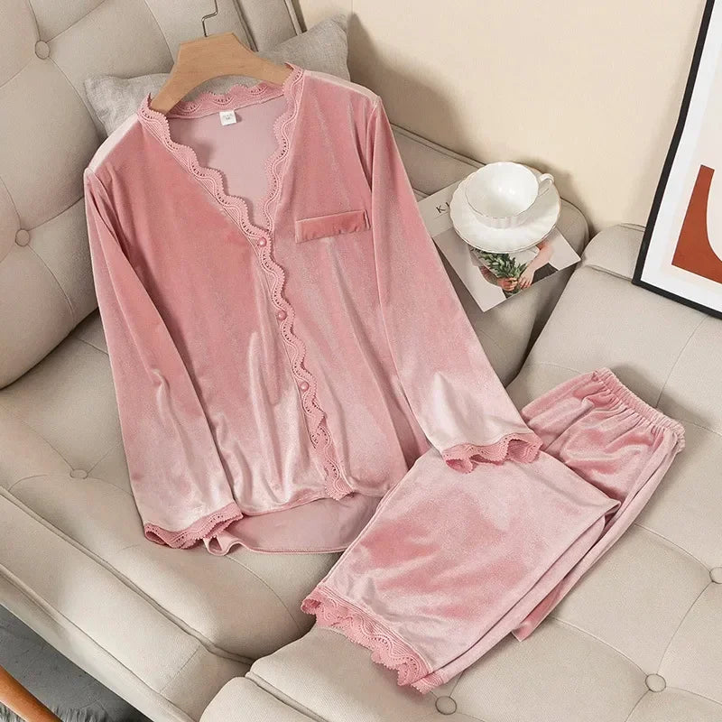 Women's Velvet Pajama Set – Long Sleeve Lace Trim Sleepwear Velvet Pajama Set Axl