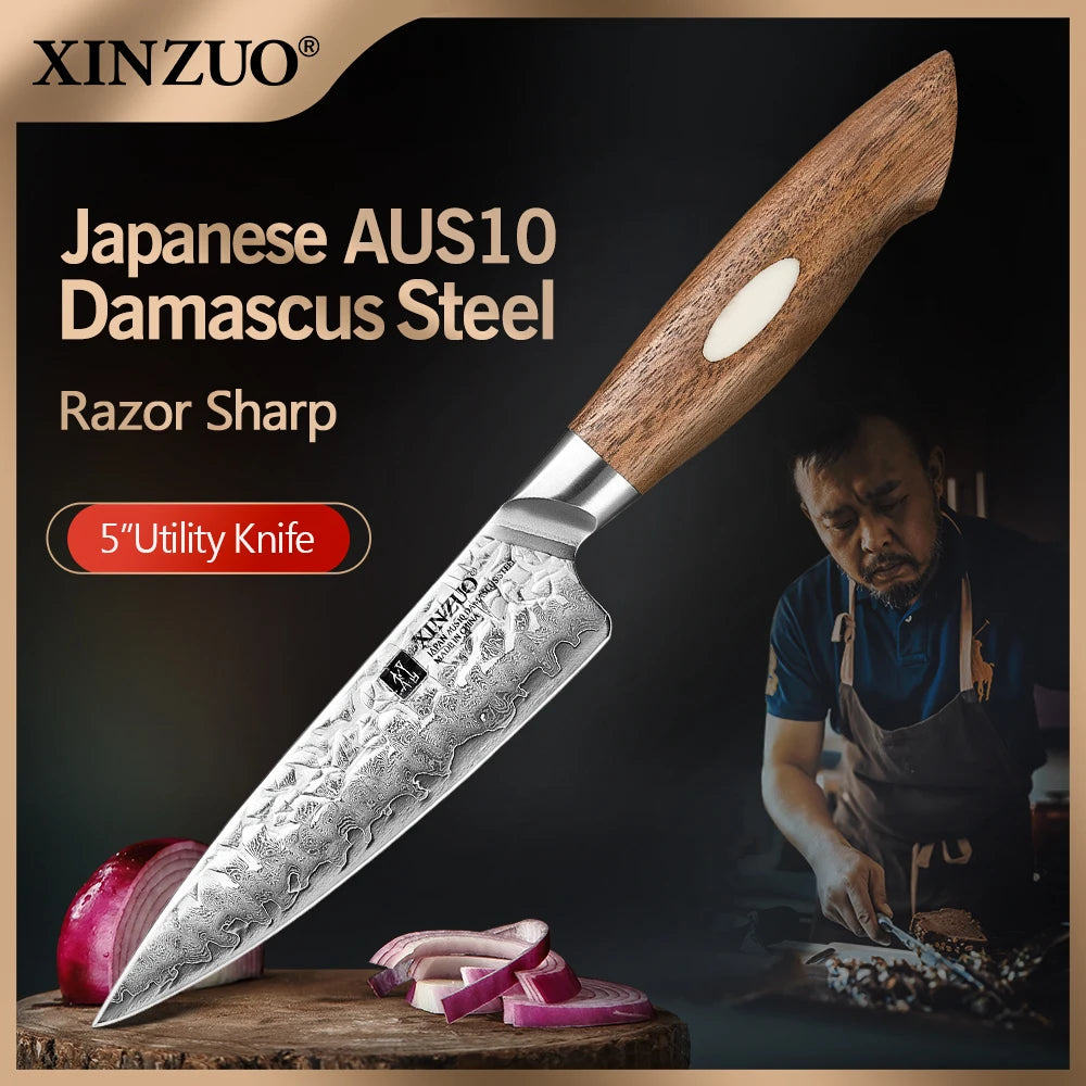 XINZUO 5" AUS10 Damascus Utility Knife – Walnut Handle Damascus Utility Knife Axl