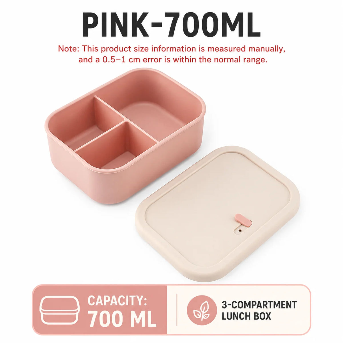 UWHISE Silicone Bento Box 3-Compartment Microwave Safe Lunch Box Silicone Lunch Box Axl Pink-700ml