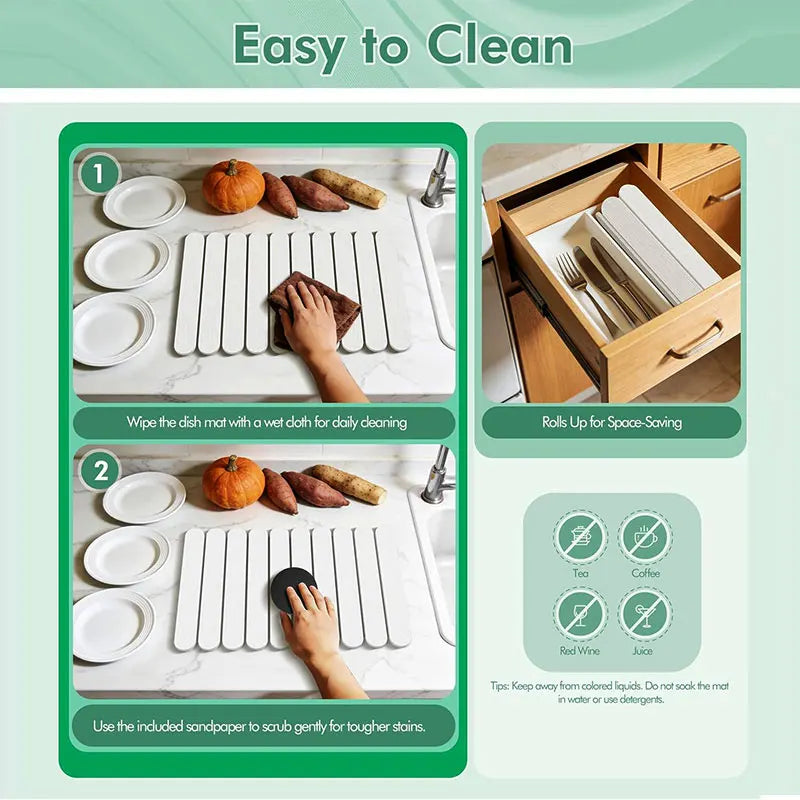 Roll-Up Diatomite Dish Drying Mat – Quick Dry & Non-Slip Dish Drying Mat Axl