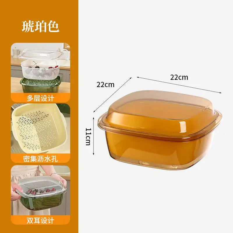 Double Layer Bamboo Fridge Storage Box with Drain Basket & Lid Food Storage Container Axl D