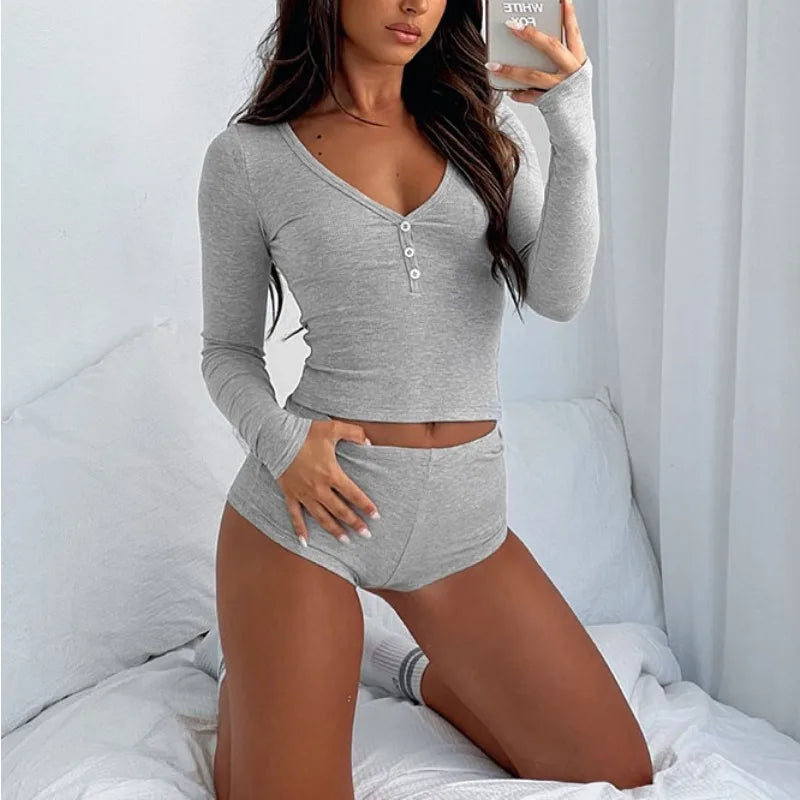 Women's 2-Piece Pajama Set – V-Neck Long Sleeve & Shorts Pajama Set Axl
