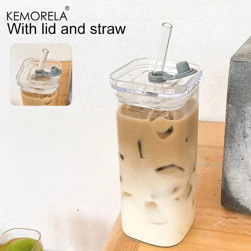 Square Heat-Resistant Glass Cup with Lid & Straw | KEMORELA Glass Drinkware Set Axl