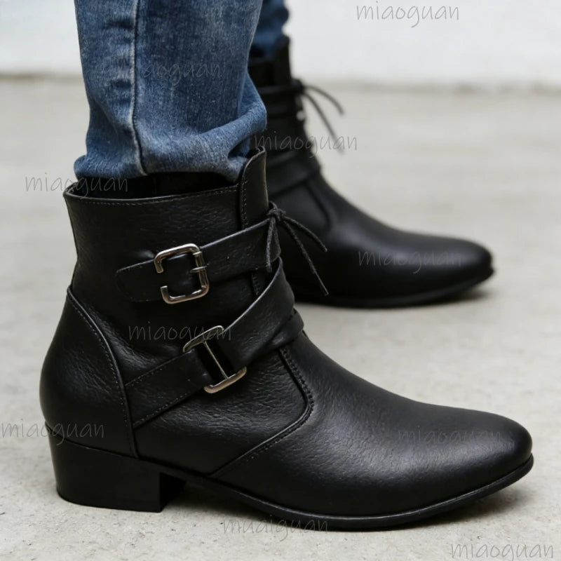 Men's British Ankle Boots – Buckle Strap Pointed Toe Booties Men's Ankle Boots Axl